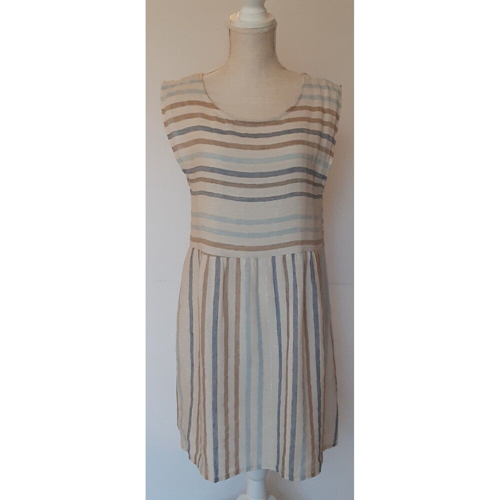 Lagenlook Striped Linen Dress w/Round Neck Sleeveless  Size XS - Blu Orchid